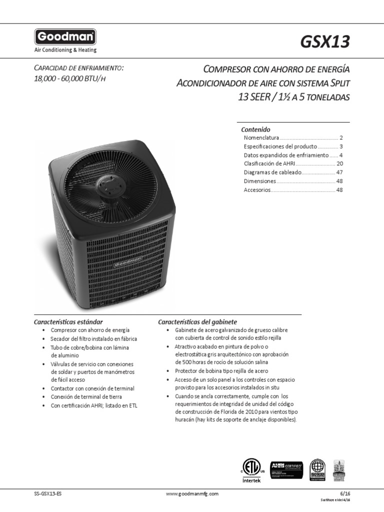 Especificación Técnica GSX13 Esp. Goodman PDF Electricidad Temperatura