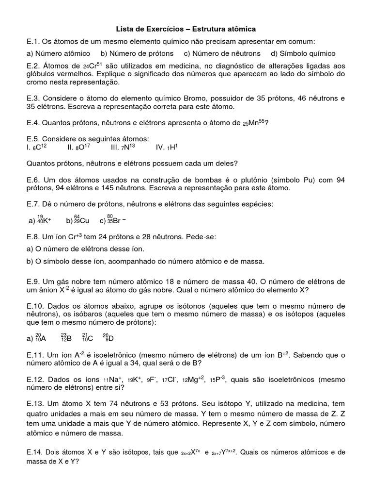 Lista de Exercícios sobre Estrutura Atômica: Números Atômicos, Massas ...