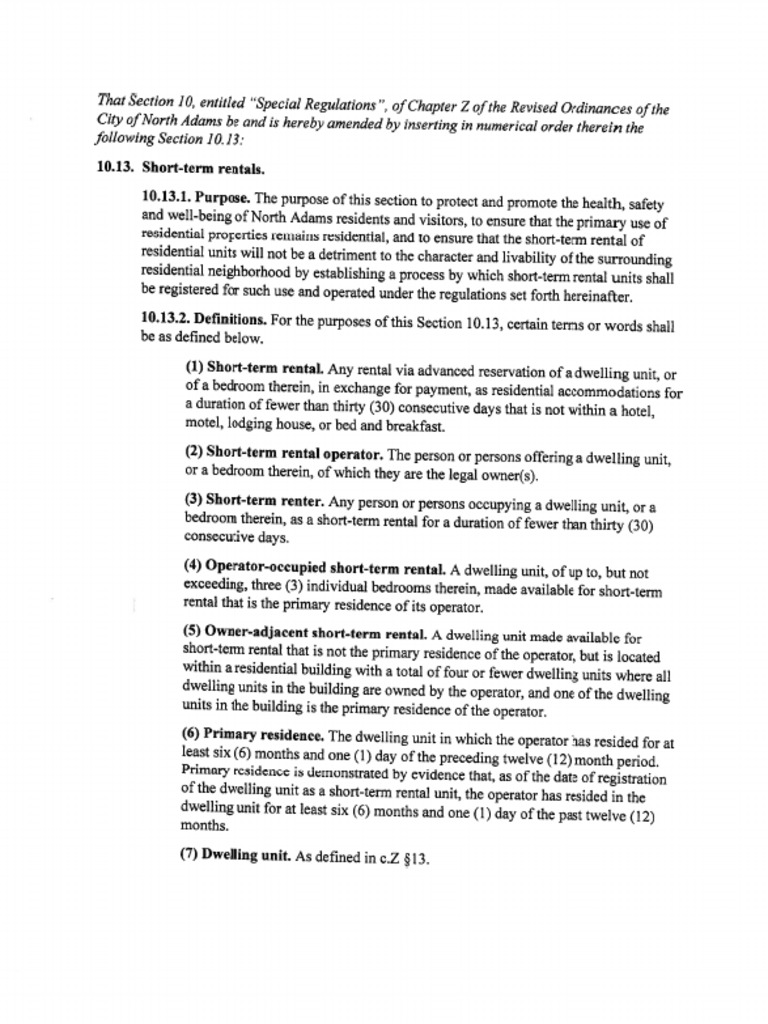 North Adams Draft ShortTerm Rental Ordinance PDF Renting Urban