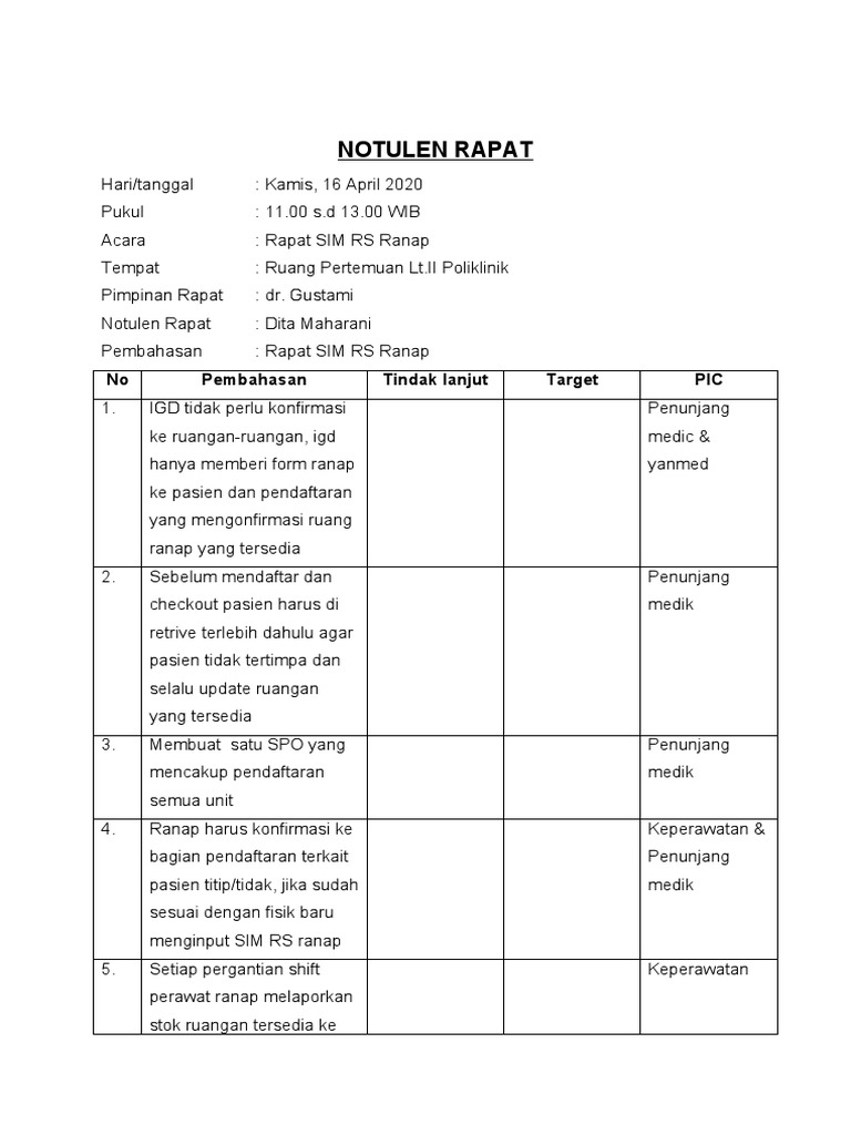 Notulen Rapat SIM RS Ranap 2020 | PDF