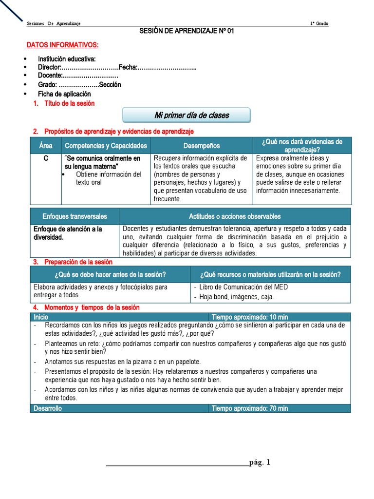 Sesión de Aprendizaje: Primer Día de Clases | PDF | Aprendizaje | Salón ...