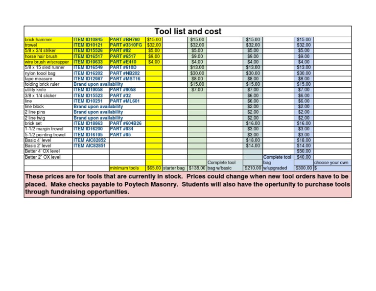 Tool Price List PDF Manufactured Goods Equipment