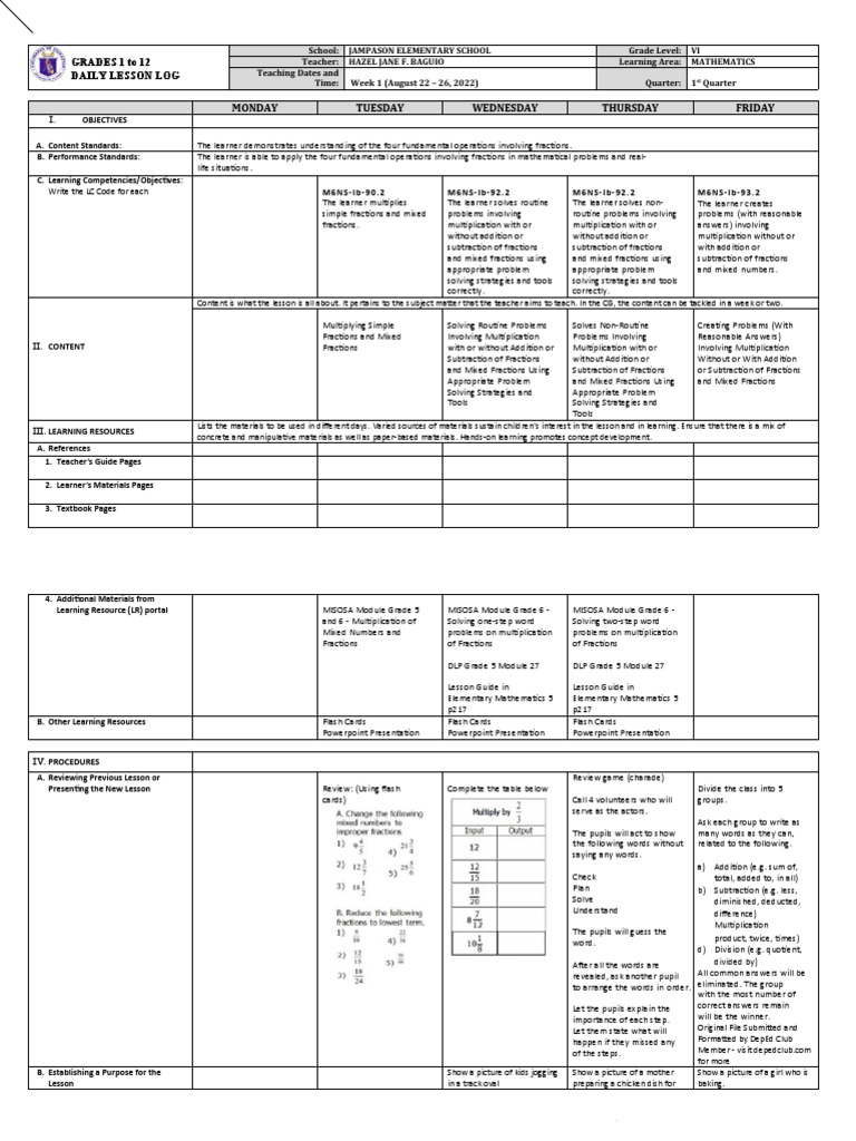 Grade VI Mathematics Lesson Plan | PDF | Multiplication | Learning