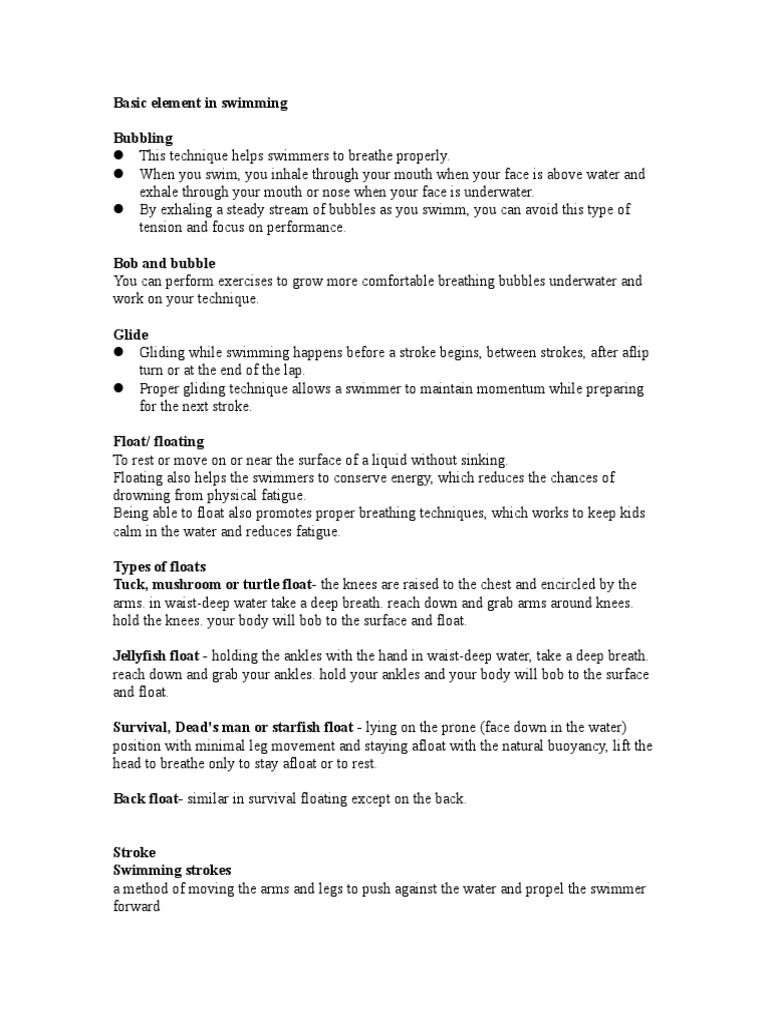 Basic Elements of Swimming Breathing Techniques, Strokes, Kicking