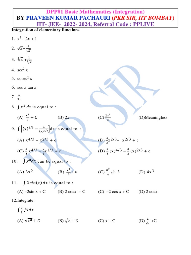 Class 11 Integration Practice Questions | PDF | Integral | Mathematical ...