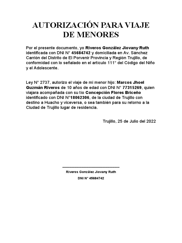 Autorización para Viaje de Menores | PDF