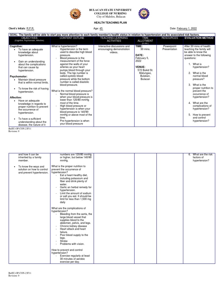 Health teaching plan pdf hypertension blood pressure
