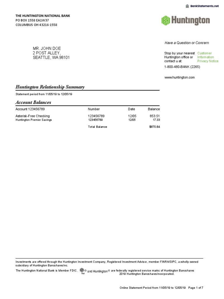 Huntington Bank Statement PDF Financial Services Banking