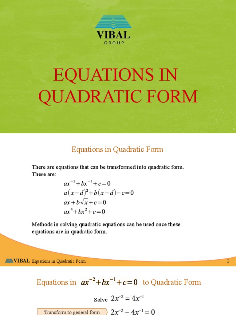 Equation in Quadratic Form PDF Quadratic Equation Equations