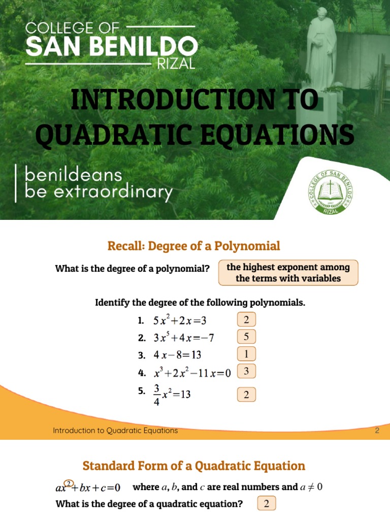 Lesson 1 Introduction To Quadratic Equation | PDF | Equations | Polynomial