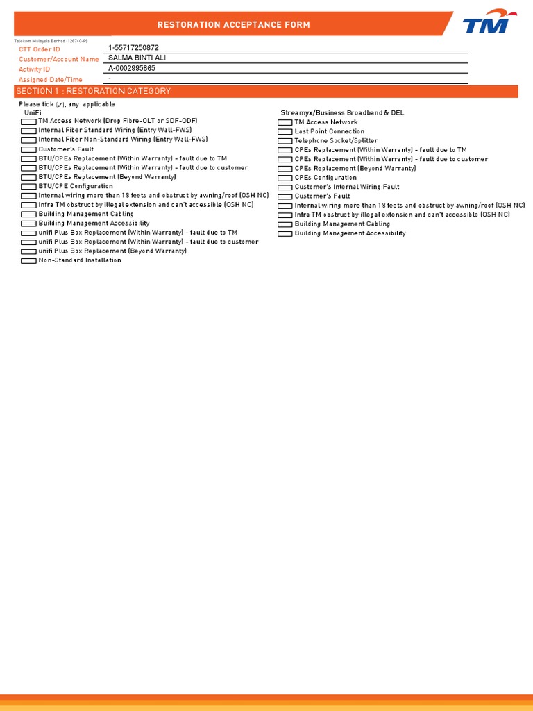 Restoration of UniFi Home Broadband Service and Replacement of