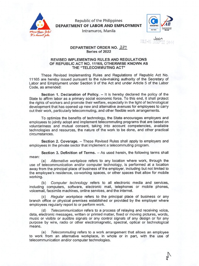 DO 237 22 Revised Implementing Rules and Regulations of RA No. 11165 ...