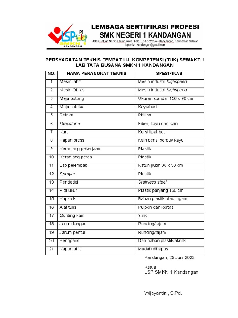 Persyaratan TUK Lab Tata Busana SMKN 1 | PDF