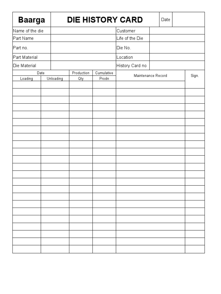 Die History Card PDF