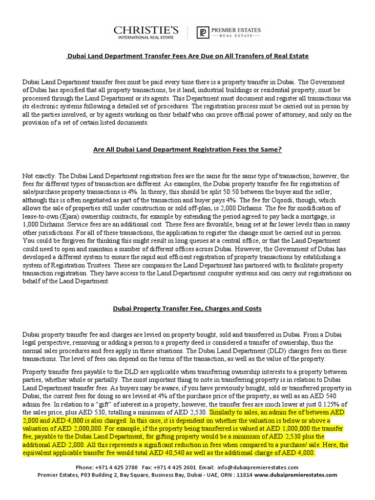 Dubai Land Department Transfer Fees 1 Download Free PDF Taxes Fee
