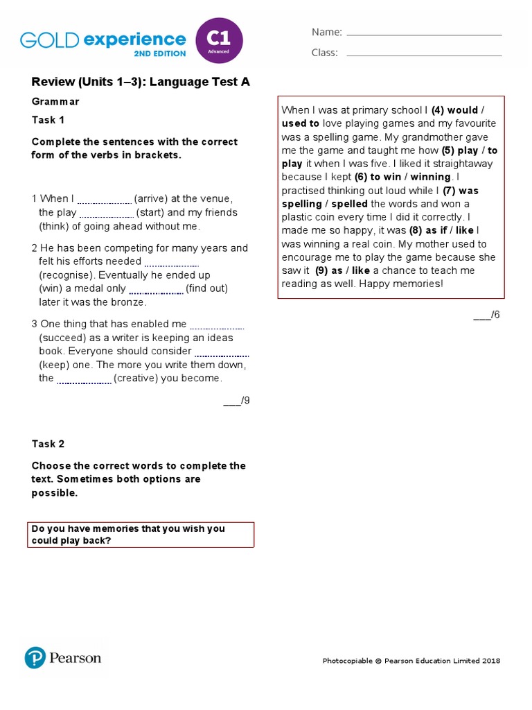 Gold Exp c1 Review Test Units 1 3 Language Test A PDF Free | PDF ...