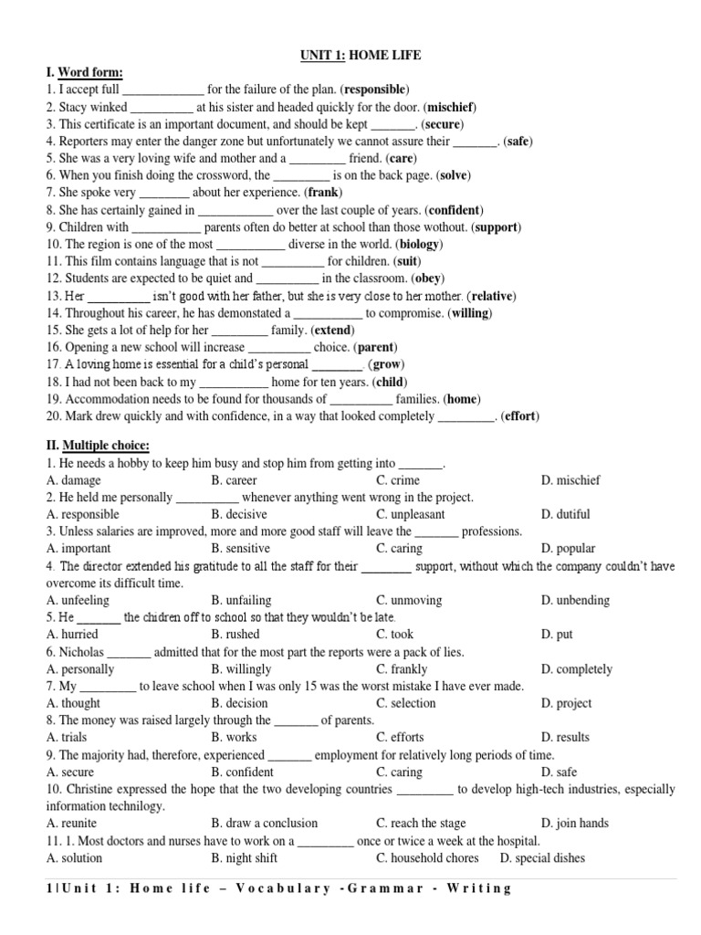 Vocabulary Word Form Exercise | PDF | Family | Housewife