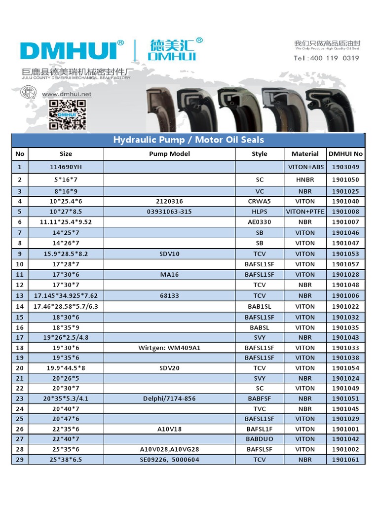 2022 DMHUI Hydraulic Pump Oil Seal Catalog PDF Chemical Compounds