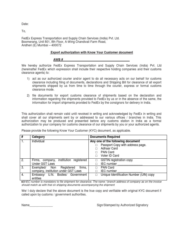 AUTHORIZATION LETTERExports Authorisation KYCFEDEX PDF