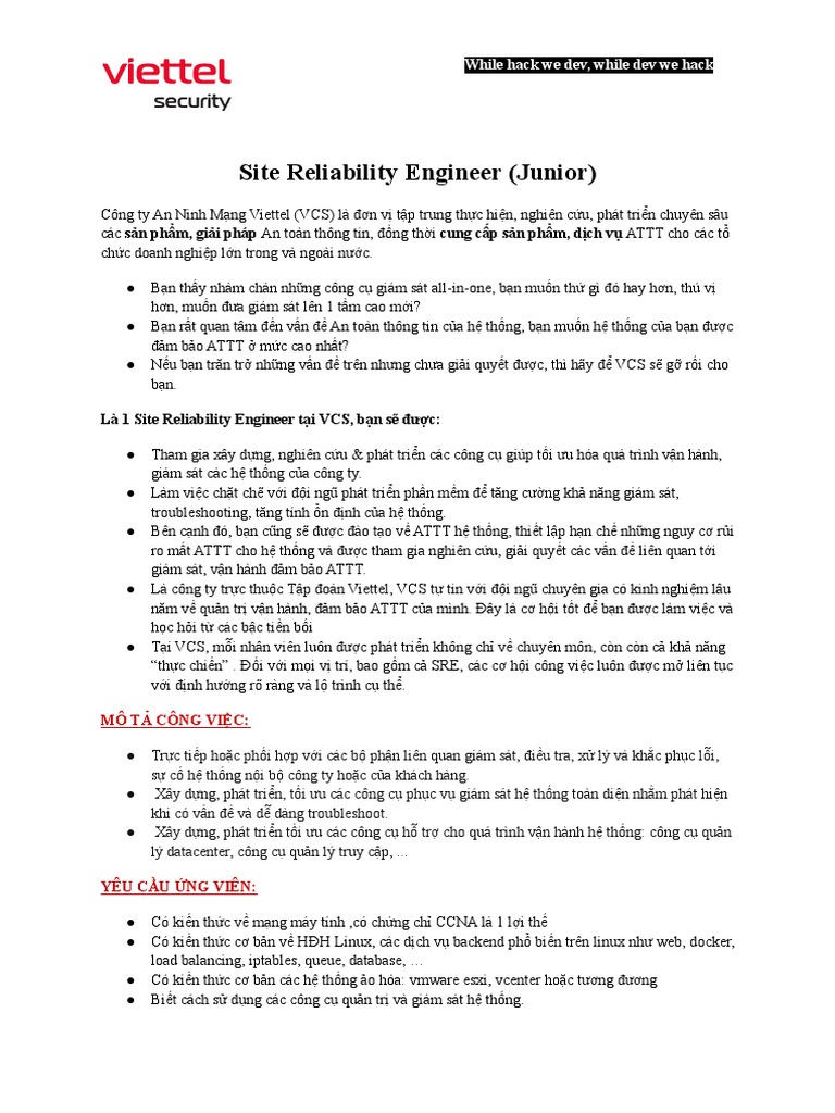 Viettel Security - Site Reliability Engineer | PDF
