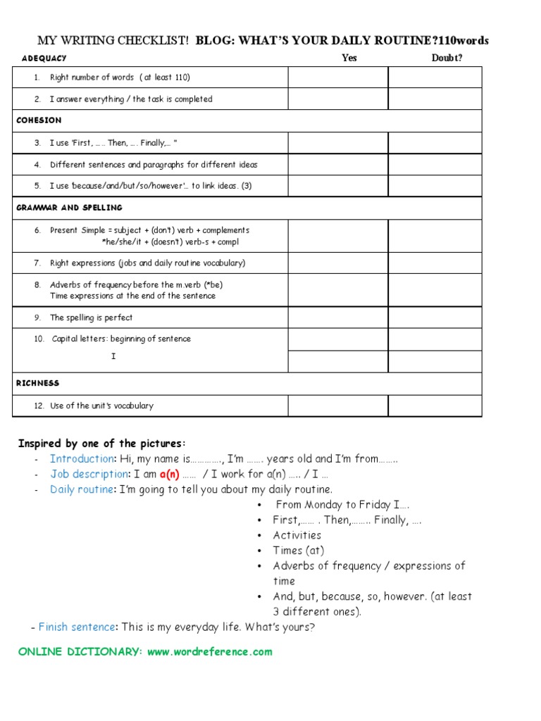 Blog - Job and Daily Routine - Writing Checklist | PDF | Language Arts ...