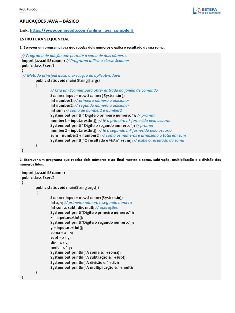 Exercícios Básicos de Programação Java | PDF | Java (linguagem de ...