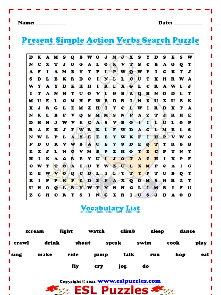 Action Verbs Present Simple Tense Word Search