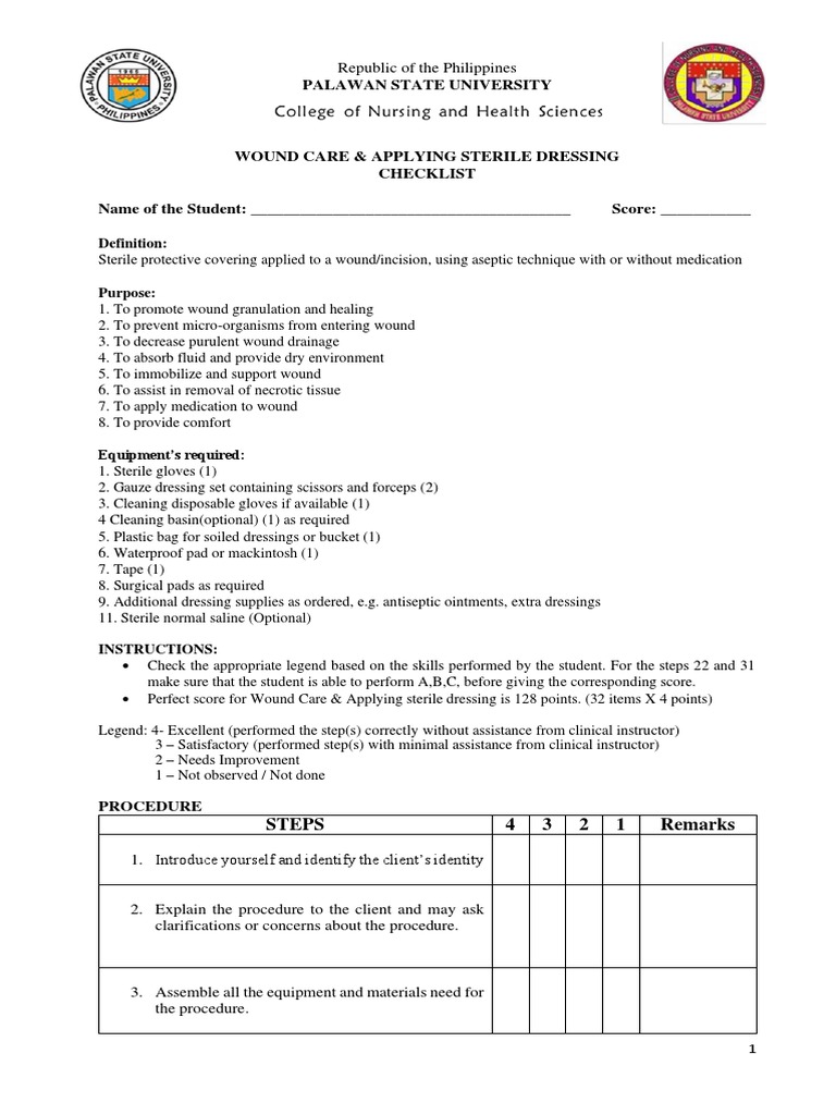 Wound Care and Dressing Checklist PDF Wound Surgery