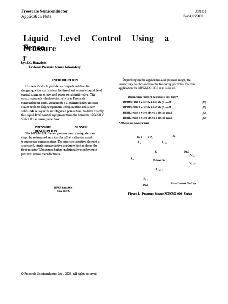 Liquid Level Control Using A Pressure Senso R: Application Note | PDF ...