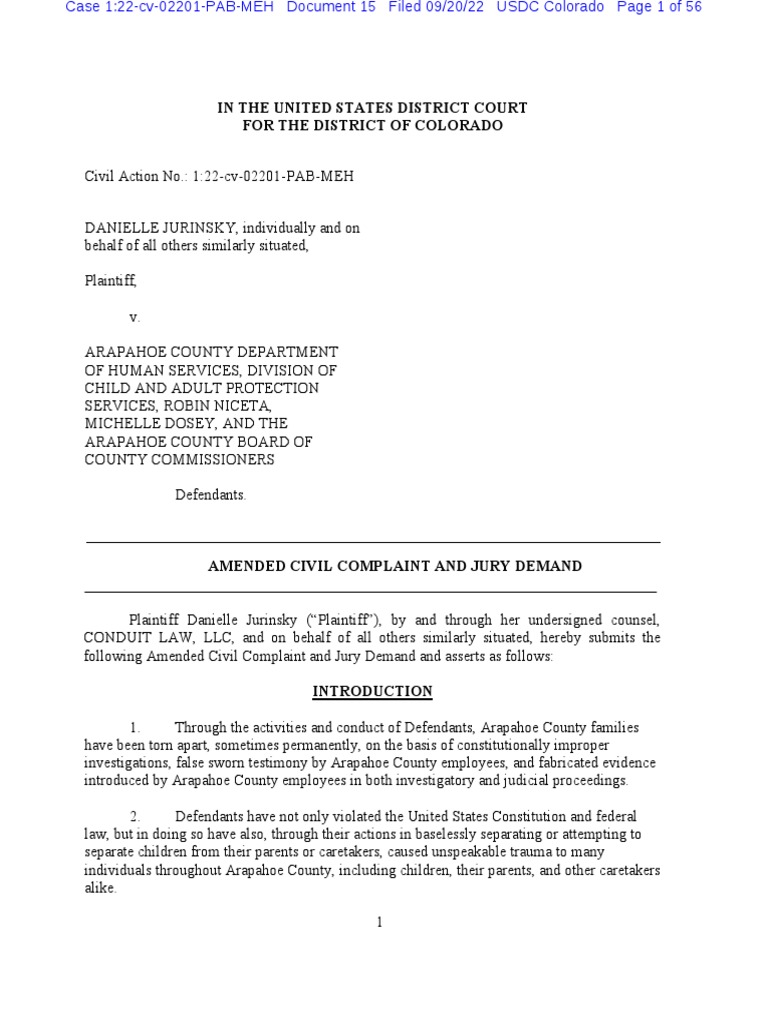 Danielle Jurinsky v. Arapahoe County Department of Human Services:  September 20, 2022 Amended Version | PDF | Testimony | Child Custody