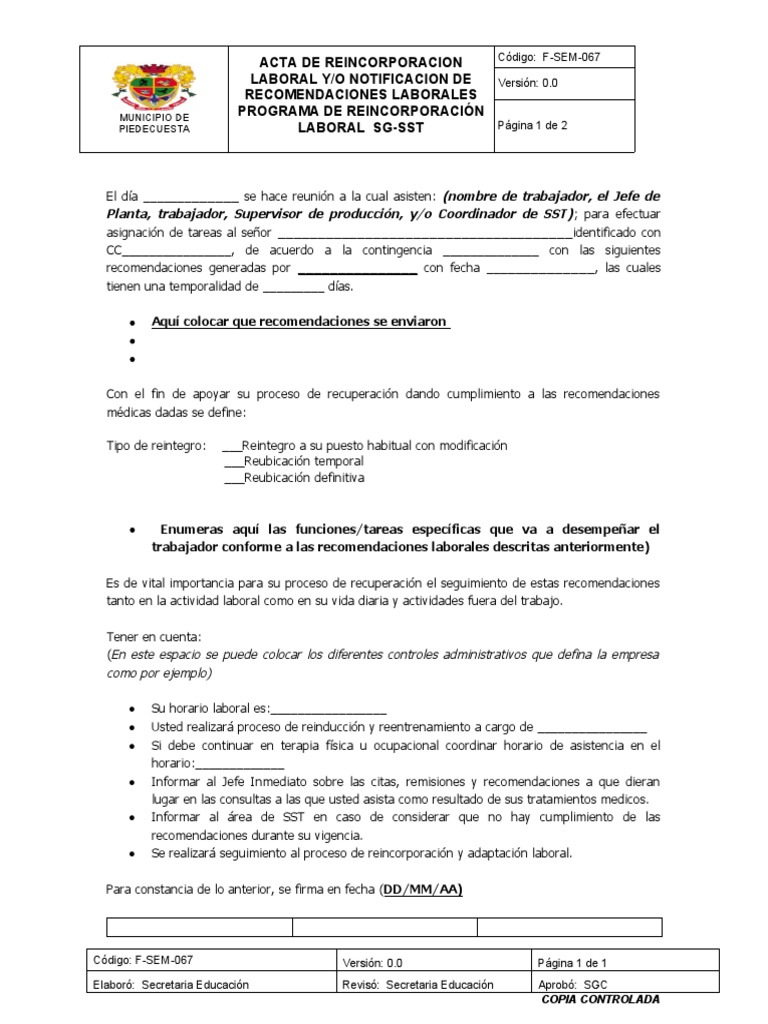 Acta de Reincorporación Laboral | PDF | Negocios | Finanzas y dinero