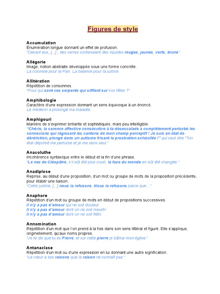 Figures de style et exemples clés | PDF | Métaphore | Phrase