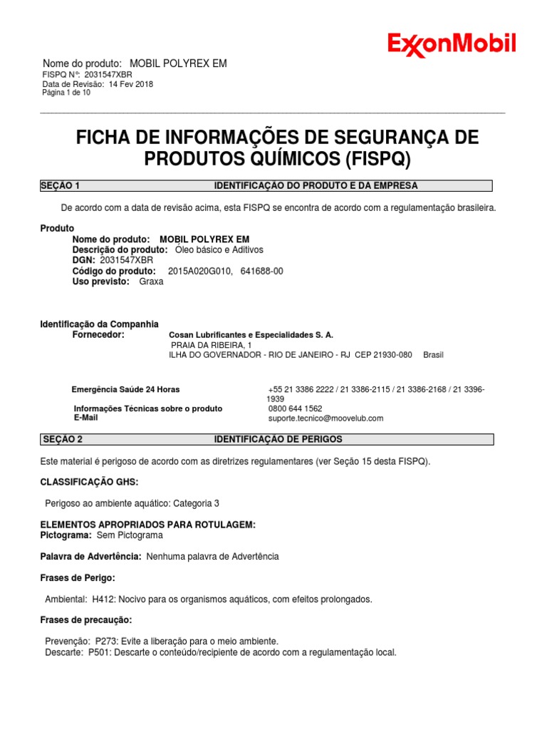 FISPQ da Graxa Mobil Polyrex EM | PDF | Combustão | Desperdício