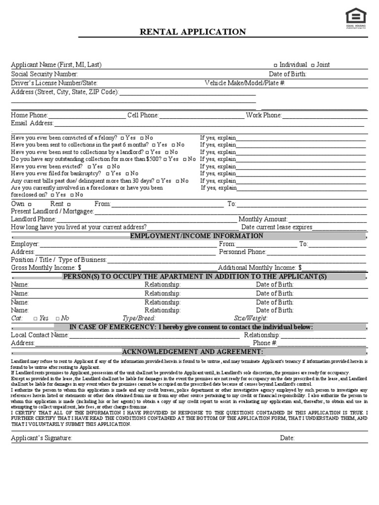 Standard Apartment Application PDF Landlord Lease