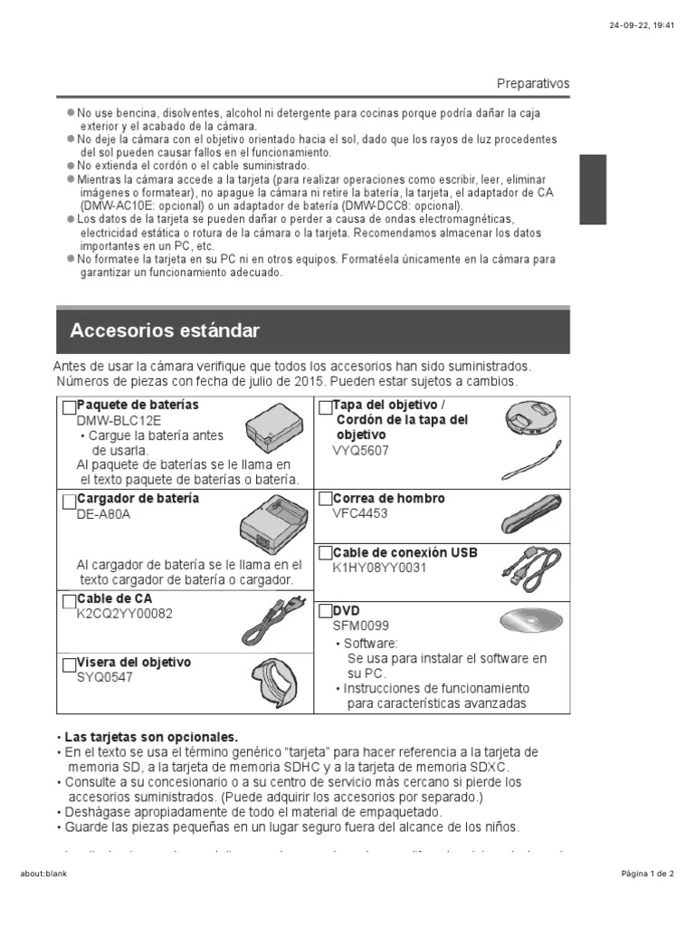 Accesorios Estándar Panasonic Lumix DMCFZ300 Manual PDF USB Informática