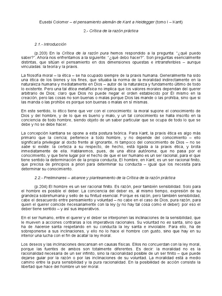 Crítica de la razón práctica de Kant | PDF | Immanuel Kant | Razón