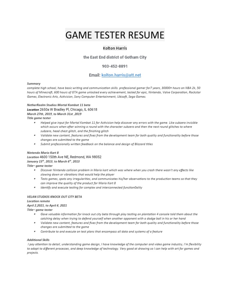 Game Tester Resumeupdate PDF Nintendo Video Game Development