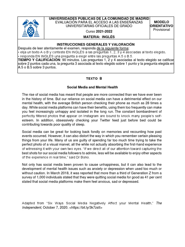 Modelo Evau Inglés 2022 B Pdf Social Media Popular Culture