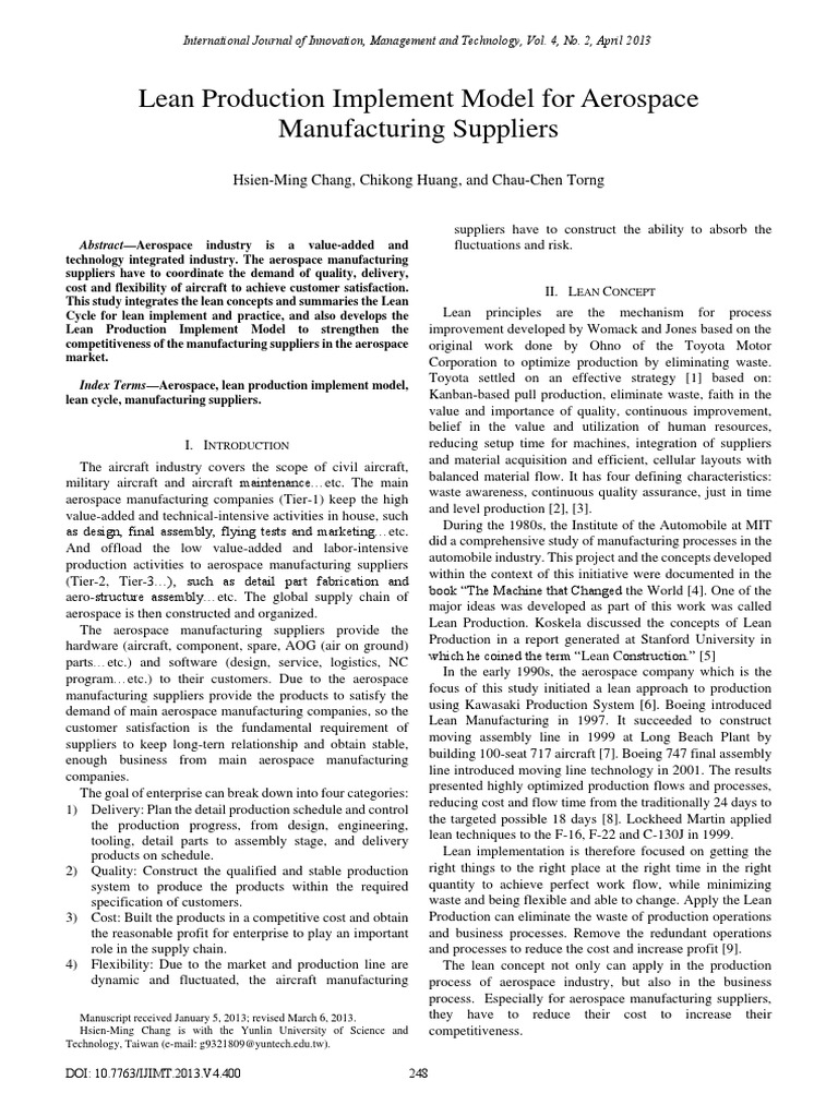 Lean Production Implement Model For Aerospace Manufacturing Suppliers ...