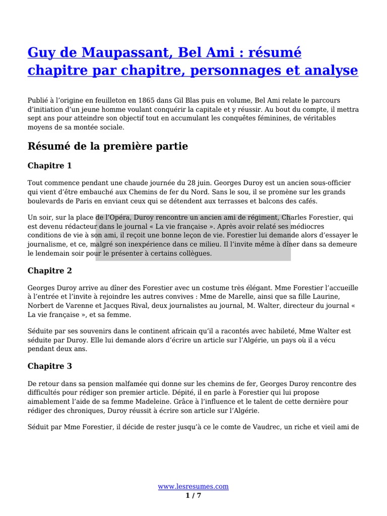 Guy de Maupassant Bel Ami Resume Chapitre Par Chapitre PDF
