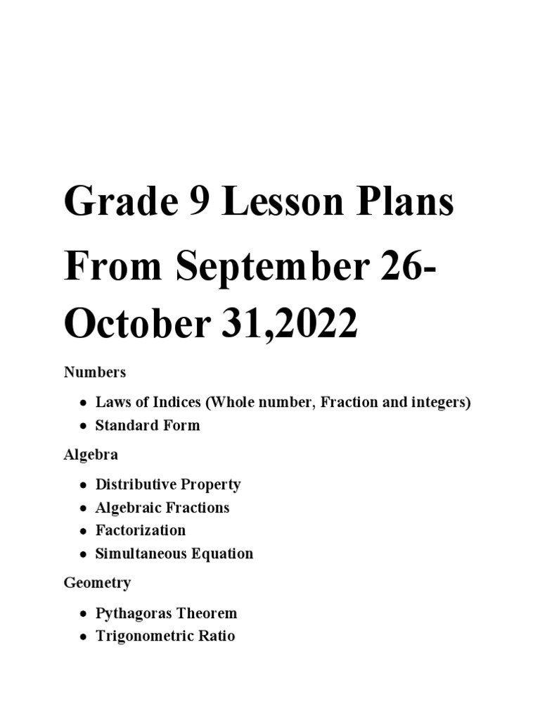 Grade 9 Mathematics Lesson Plans | PDF | Mathematics | Numbers