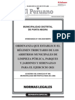 Ordenanza que establece el régimen tributario de arbitrios municipales de limpieza pública, parques y jardines y serenazgo para 2021 en Punta Negra