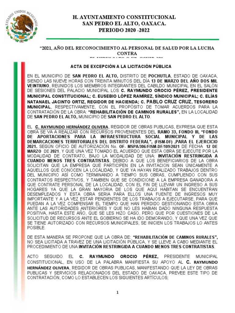 Acta de Excepcion A La Licitacion Publica | PDF | Gobierno local