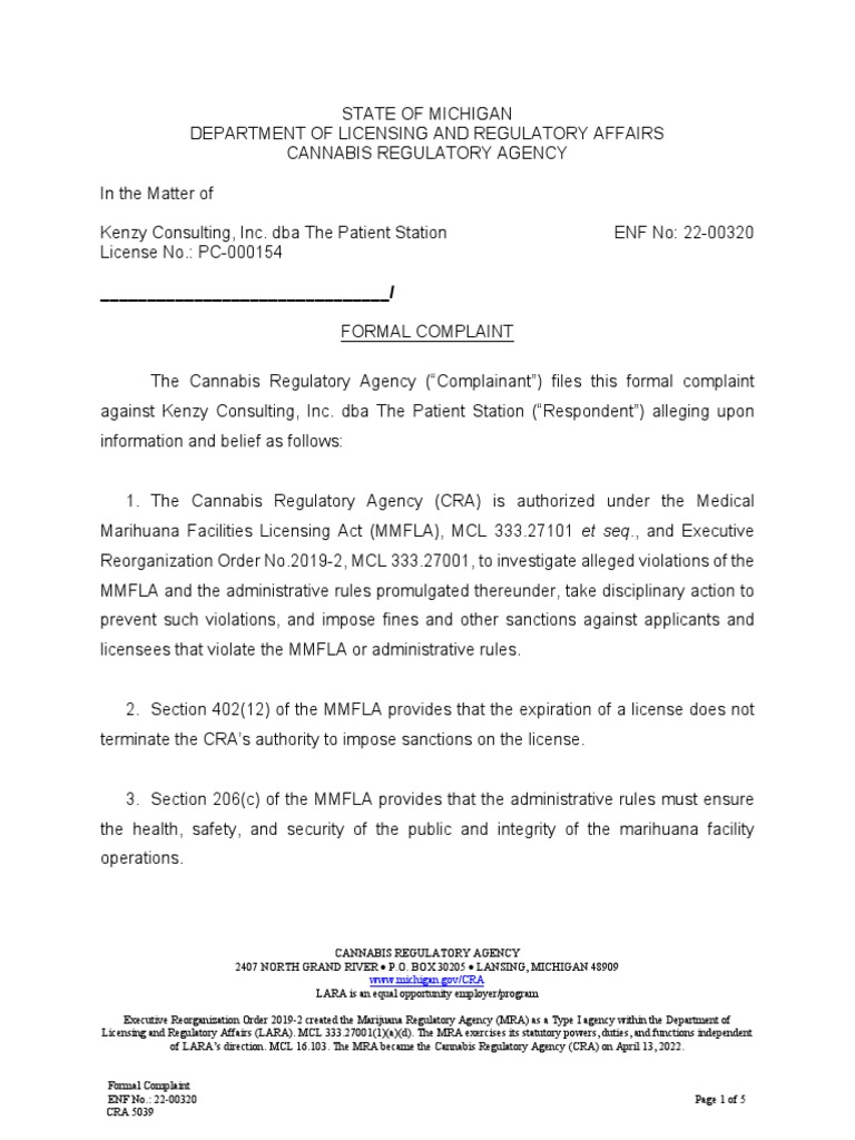 2200320 CRA 5039 Compliance Action Formal Complaint Updated 4.19.22