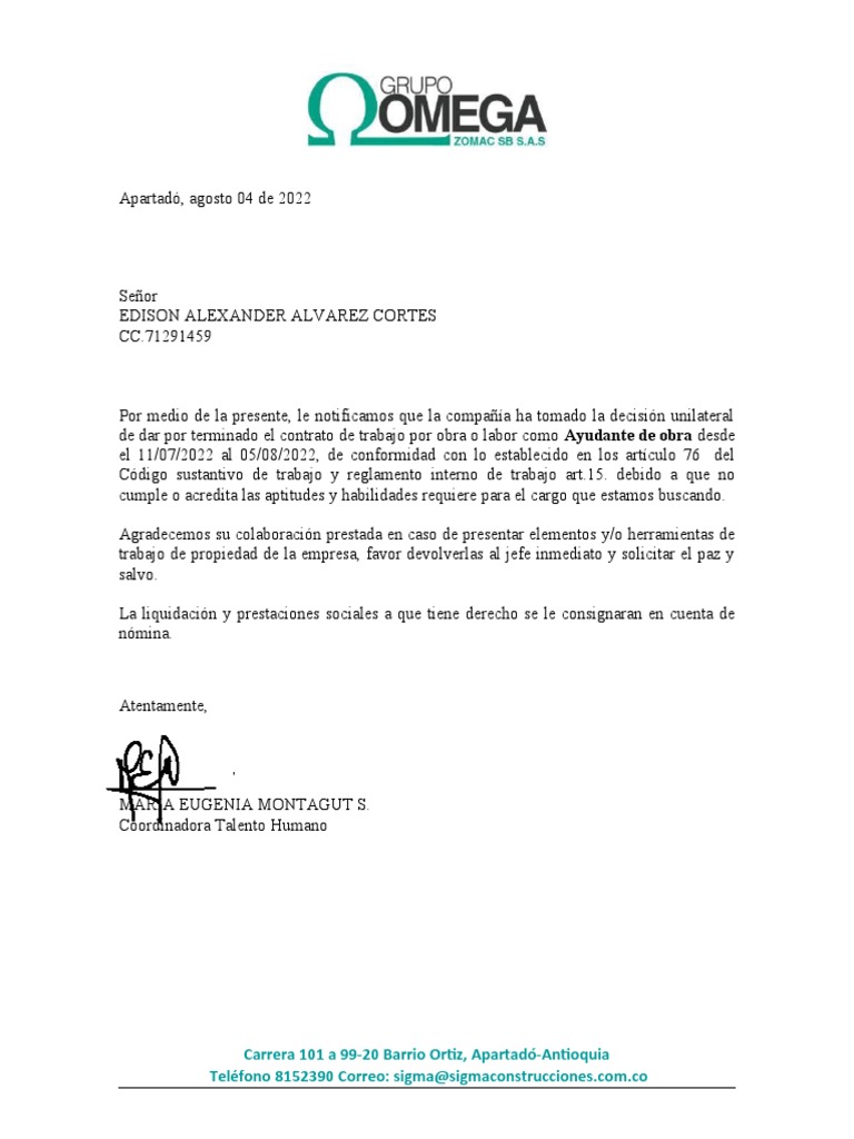 Carta terminacion contrato por periodo de prueba pdf