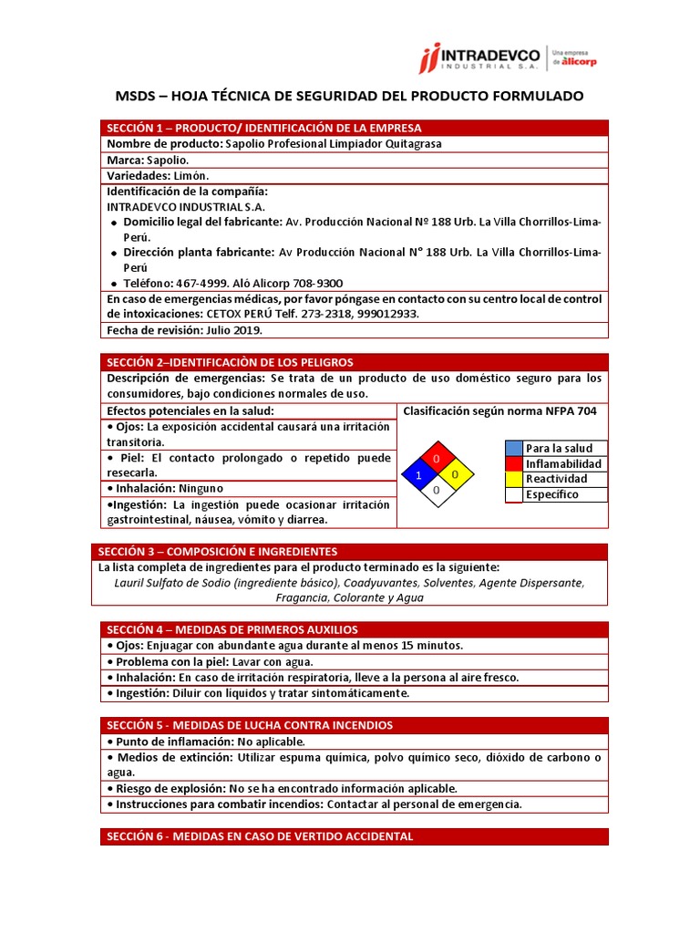 Hoja de Seguridad Sapolio Profesional | PDF | Residuos | Agua