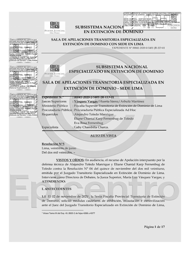 Sala de Extinción de Dominio revoca medida que afectaba a casa de los Toledo Karp
