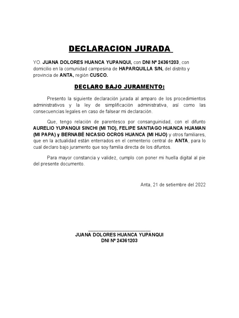 Declaracion Jurada de Parentesco de Difuntos | PDF