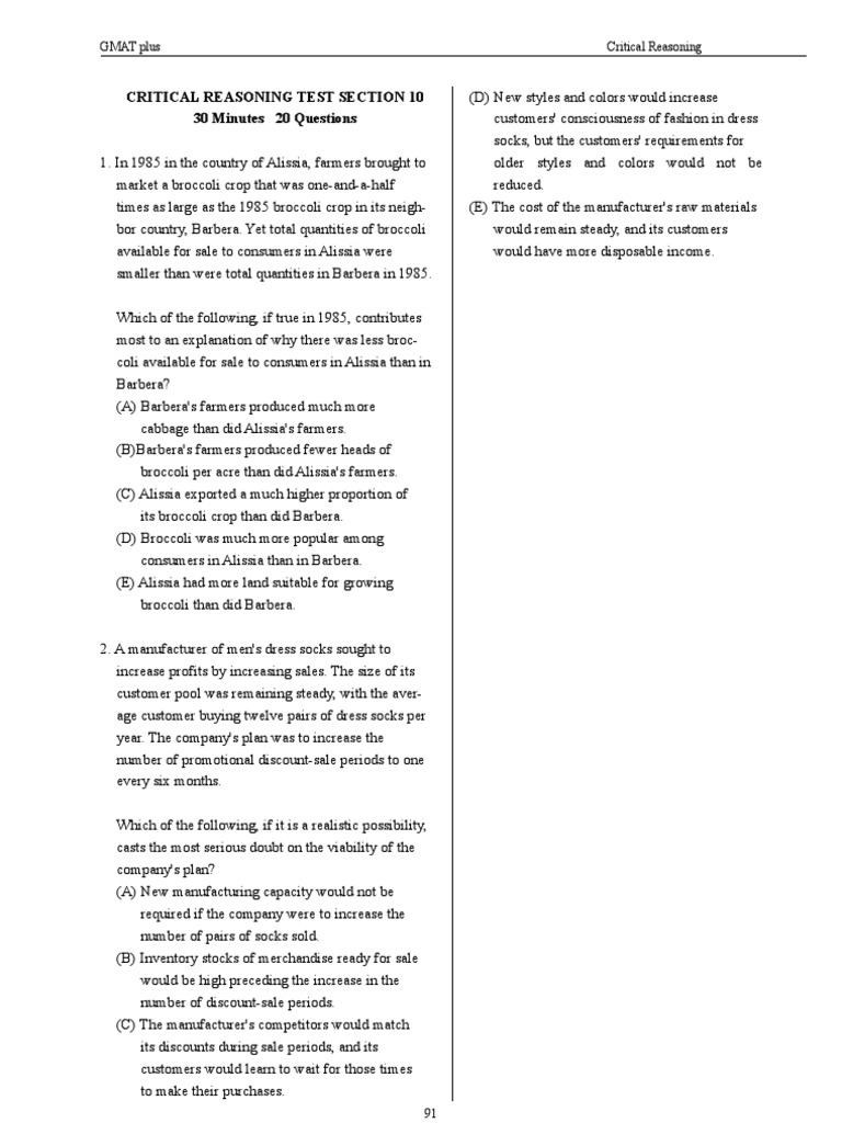 Critical Reasoning Test Section 10 30 Minutes 20 Questions | PDF ...