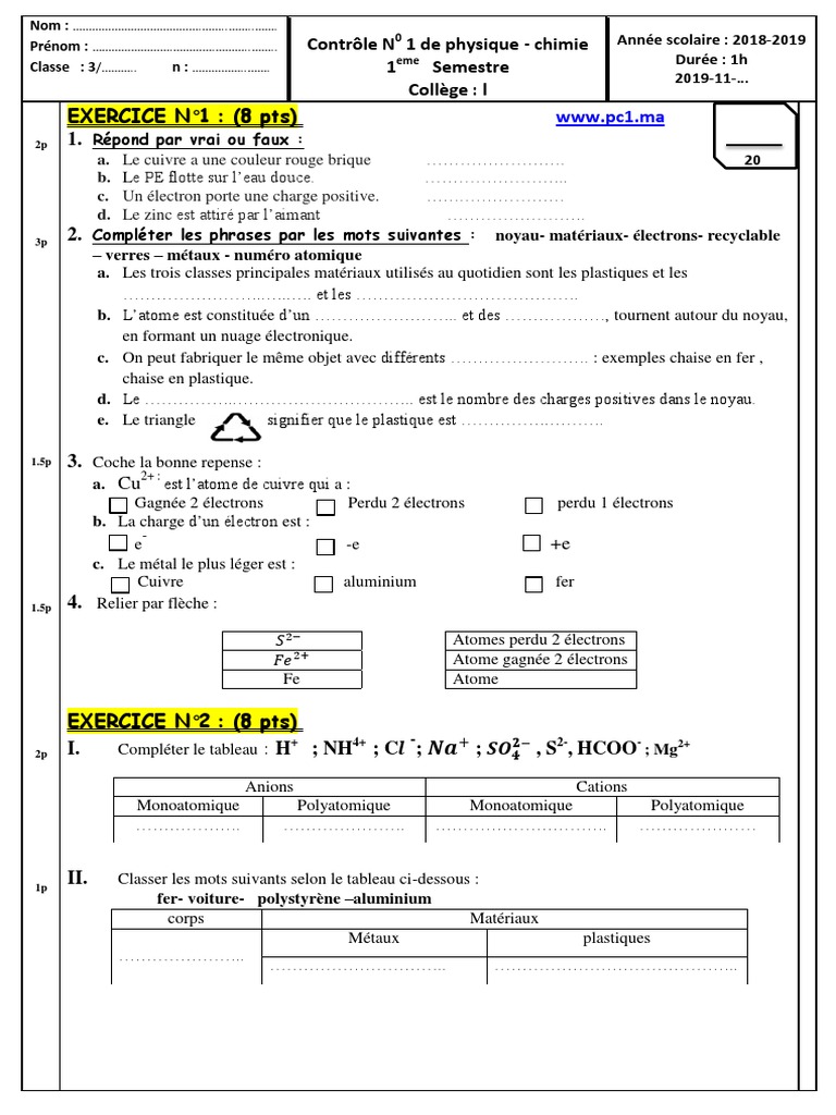 Contrôle de Physique-Chimie 3AC Semestre 1 | PDF | Atomes | Cuivre